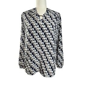 Dana Buchman Geometric Women Blouse S Top Silver Detail Business Long Sleeve EUC